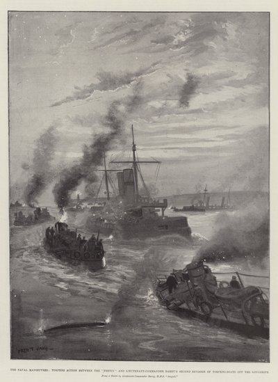 Die Marine-Manöver, Torpedo-Aktion zwischen der Thetis und Lieutenant-Commander Barrys zweiter Division von Torpedobooten vor den Longships von Fred T. Jane